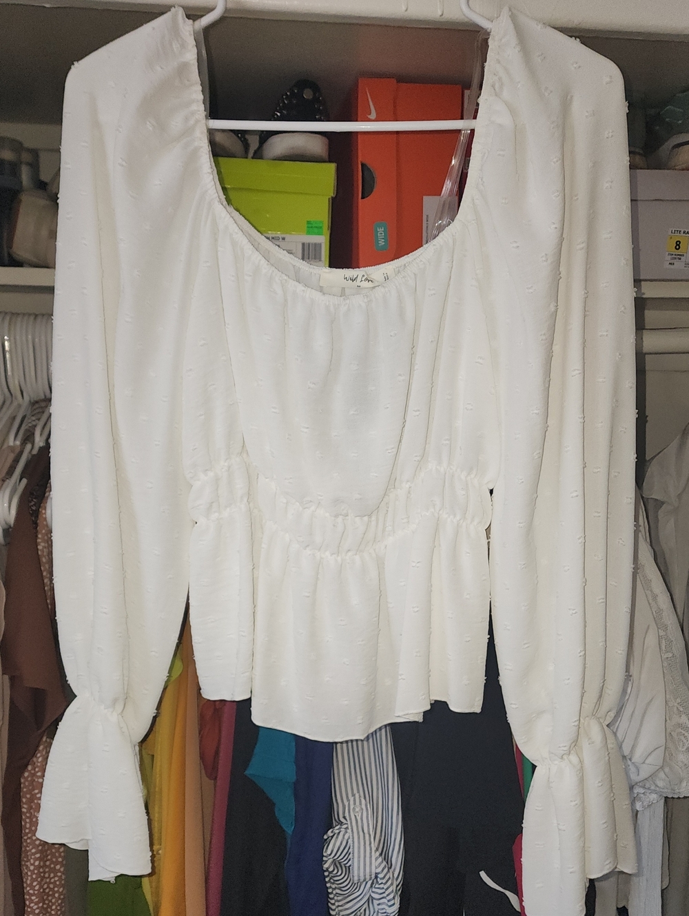 White Peasant Blouse with Ruffled Waist and Long Puff Sleeves